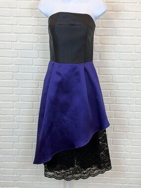 ABS Allen Schwartz Purple Black Strapless Cocktail Dress Lace Hem 10